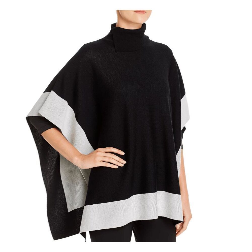Hugo Boss Lisandra Virgin Wool Reversible Poncho Sweater Black and Cream O/S